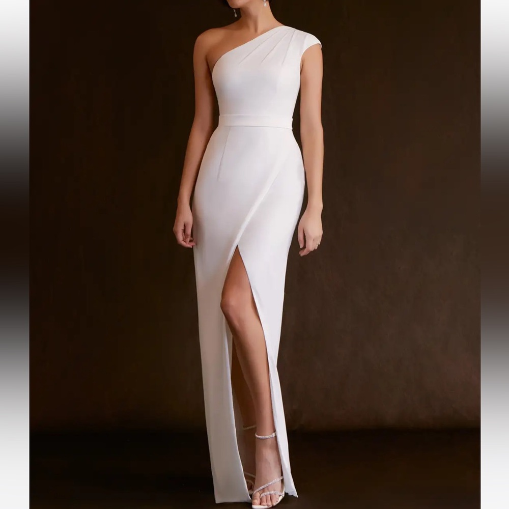 Azazie Oaklee Diamond White Sheath One Shoulder Stretch Satin Dress, New, Size 4
